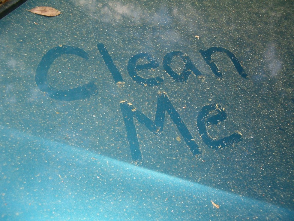 Dirty window that says clean me